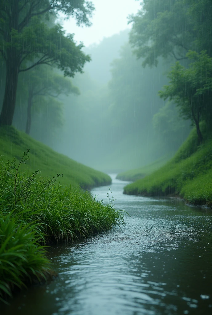 a photo of environment where rain drops are failling and making a ocean gradually