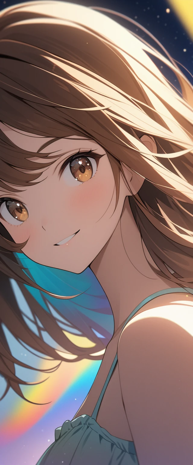 Anime girl, portrait, half body, brown hair, brown eyes, very long brown hair, swept bangs, smiling, wearing yellow spaghetti strap halter neck backless sundress, HD, detail,, rich in color, 
dream colors,tmasterpiece,the detail,starryskybackground,Clouds,Light and shadow effects，film effect,Rich in colors