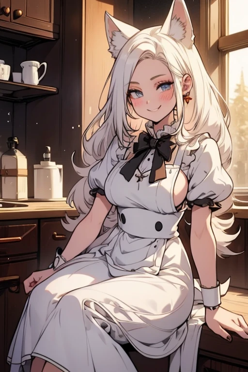 A young white haired woman with copper eyes and an hourglass figure with white fox ears and a white fox tail in a ta maid uniform is sitting on the counter in a fancy kitchen with a big smile