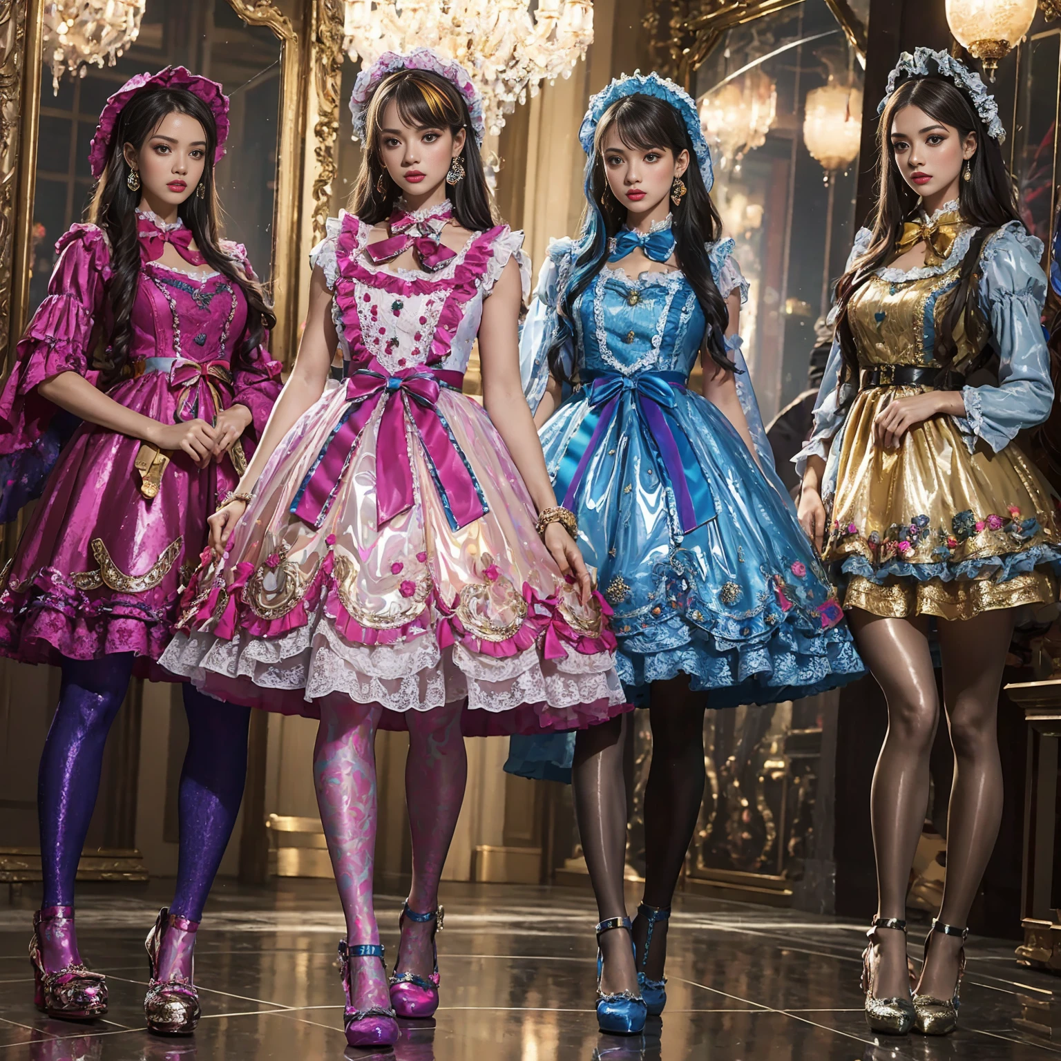 Movie poster composition, Ambilight, Nine-head body, Group photo, ((multicolored))，Three or more girls，Model figure, long-legged woman, A woman in a luxurious and elaborate ****ta dress, wearing ****ta mary jane shoes with ornate details, patterned tights, (Glossy Reflecting collection), (Glossy Reflecting collection), (Oily shiny)), (Metallic clothes), (Metallic dress), (Metallic tights):1.2)，standing on a snowy mountain, with reflective skin and reflective clothing, venusbody,Large movement amplitude, (full body shot), ray tracing, reflection light, chiaroscuro, UHD, masterpiece, anatomically correct, textured skin, super detail, high quality, 4K, highres