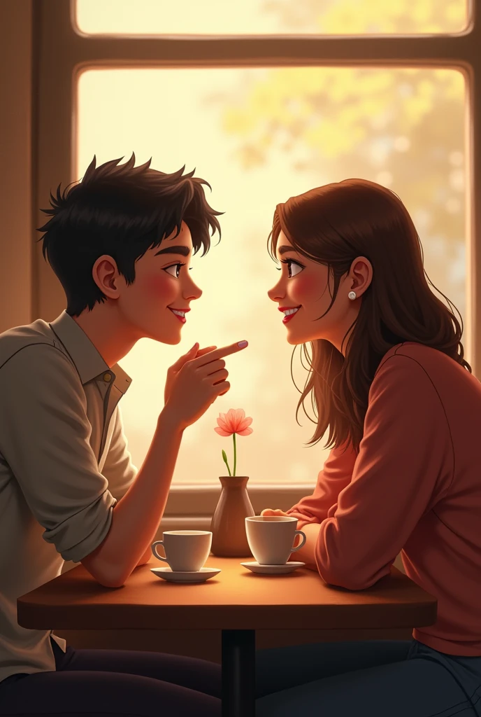 give me a image where two person are having eye contact while talking to each other they are sitting across table have little bit of smile on face 