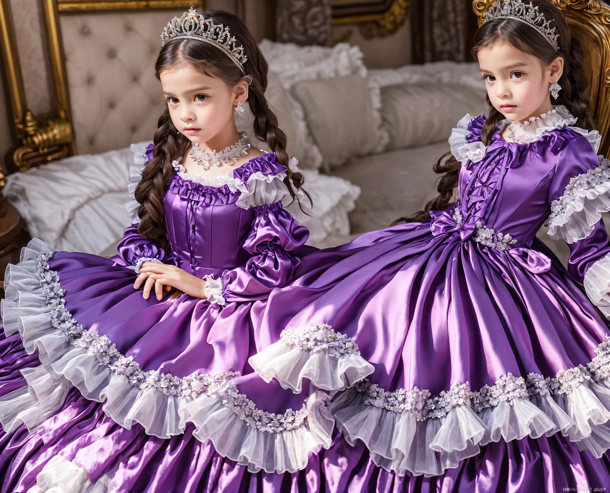 ,Highest quality, masterpiece, Highest Resolution, artwork, 3K realistic photo,,((10-year-old European girl)),Super detailed baby face,Both are princesses,detailed luxury tiara,Full-length ball gown dress with hoop skirt,Frilled yoke collar,Fine braided ribbons on the chest,Puff sleeves,Long sleeve,((Purple princess satin dress in a retro style、Lots of frills and ribbons。)),crazy'Colorful Fashion,Glossy silk satin dress,Soft and smooth purple silk satin fabric,luxury,Very long blonde hair,blue eyes,White skin European,((Inside the palace)),Gorgeous flowing dress,Fine white ruffles and lace,Drawers full of frills,,((((On the purple bed)))),On a luxurious canopy bed,On a huge wide purple bed,Purple pillow with lots of frills,purple silk satin curtains with luxurious ruffles and ribbons surround the bed.,Princess liyng on bed,Pillows piled up behind the princess,(((Both legs are completely hidden in the dress))),((((Round futon))),Detailed comforter,Detailed bed sheets,lie on the bed,((((Leaning against a mountain of purple pillows)))),