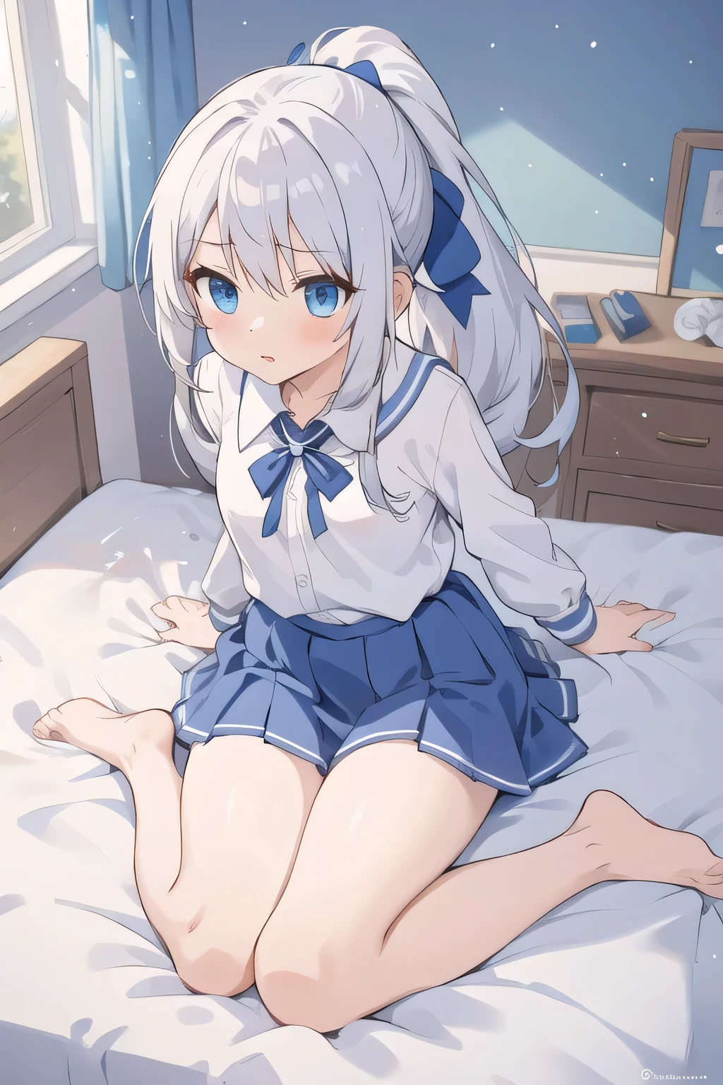 cute girl, anime, silver hair, open leg, on the bed, blue eyes, ponytail, blue ribbon, feel shy, white school uniform, school