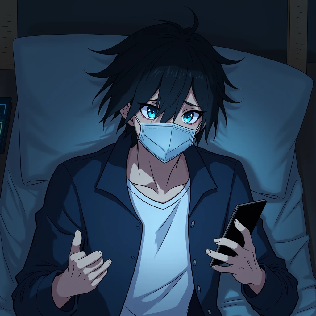One person,Handsome,Black Hair, blue eyes, White T-shirt,Navy blue jacket,smartphone,computer,mask,Anime Style,An illustration,Drooping eyes,Illness,night,Streamer asymmetrical hairstyle, seems kind,Confused eyes,maskで鼻を隠す,Droopy eyes,Ruler,internet