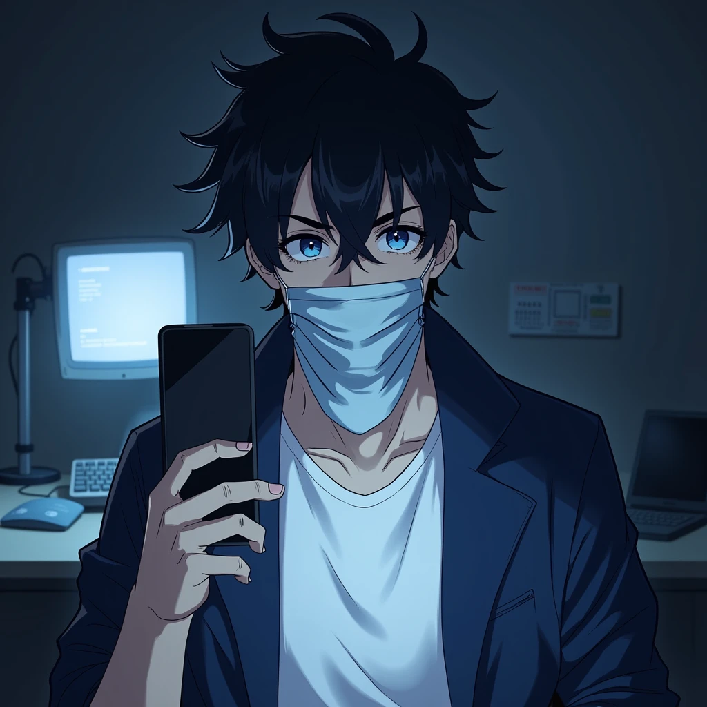 One person,Handsome,Black Hair, blue eyes, White T-shirt,Navy blue jacket,smartphone,computer,mask,Anime Style,An illustration,Drooping eyes,Illness,night,Streamer asymmetrical hairstyle, seems kind,Confused eyes,maskで鼻を隠す,Droopy eyes,Ruler,internet