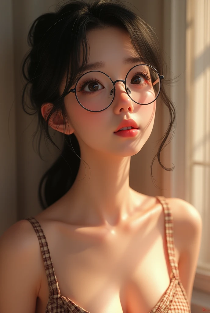 Use the prompt below。

---

"Create an image of a young woman with a gentle, dreamy look。she、He wears round glasses with a slight reflection。Her hair is dark、long、It is tied at the back、A few strands of hair hang gently around the face.。Skin is smoother and brighter、I have a small nose piercing。she細いストラップのあるチェック柄のノースリーブドレスを着ており、Shoulders are exposed。The background is softly blurred、Make sure her face is in focus。she少し上を見上げ、It&#39;s like he&#39;s thinking.。The overall mood is romantic and calm.、Warm lighting accentuates the gentle atmosphere。Big breasts、The chest area is emphasized.