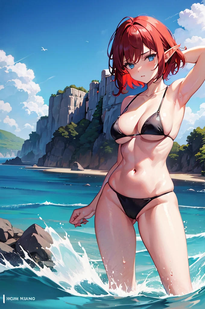 1girl, female elf, short red hair, blue eyes, curvy body, smaller breasts, bigger butt, thick thighs, black bikini top, black bikini bottoms, bathing self in ocean at beach, hands behind head, head tilted downwards looking up at the viewer