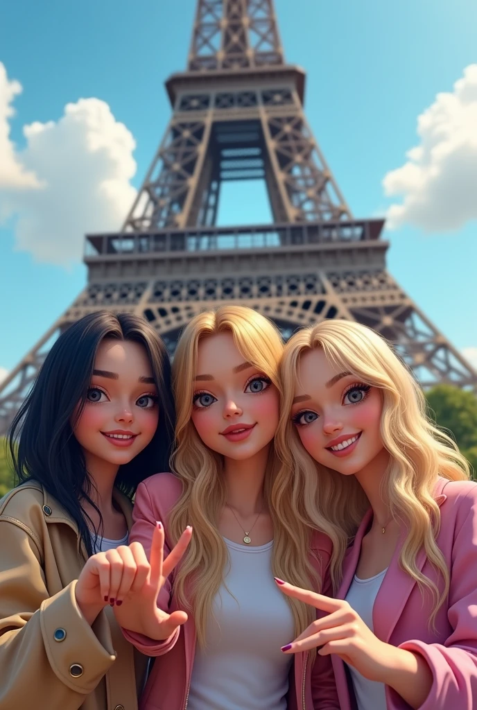 Make three girls, dark-eyed in front of the Eiffel Tower. one with short black hair, a very blonde blonde with long hair and the other dark blonde with long hair. The three of them make a hand signal as if they were in a vlog 