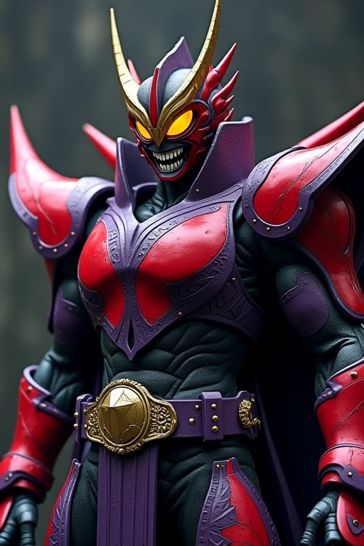 **Kamen Rider Secros Design Revision**
---
**Overall Concept:**
- **Motif:** Demon, Demon King, Black Sheep
- **Color:** Predominantly black with red and purple armor. The design emphasizes a sense of intimidation and power.
**Head:**
- **Horns:** Short, gold horns that extend vertically from the top of the head, giving a menacing impression. The horns are engraved with vertical lines, adding detailed and intricate design elements.
- **Compound Eyes:** Sharp, yellow compound eyes protruding diagonally outward. The angular shape exudes an intimidating gaze.
- **Mouth:** A slightly subdued mouth with a hint of a twisted smile and subtle sharp teeth, conveying a sense of fear.
**Body and Armor:**
- **Body:** A black, muscular yet slim base. The armor is in red and purple, providing a heavy but mobile design.
- **Armor Placement:** Red and purple armor covers the chest, shoulders, arms, and legs. The armor on the shoulders and chest is particularly thick, maintaining a balanced overall appearance.
- **Lines:** Irregular white lines run across the body and armor, faintly reflecting light in darkness.
**Waist:**
- **Transformation Belt:** The "Sefureipu Driver" transformation belt is worn around the waist. It features a simple yet functional design with symbolic and patterned engravings.
**Weapon:**
- **Large Scythe:** A scythe larger than the user's height, with a black blade. The sharp blade has a red glow, and the handle is intricately engraved, giving an impression of dark power.
**Armor Details:**
- **Overall Balance:** The armor is designed to match the muscular but slim physique, ensuring a balance between mobility and defense without excessive weight.
- **Decoration:** The armor features spikes and studs, emphasizing the demonic and authoritative design elements.