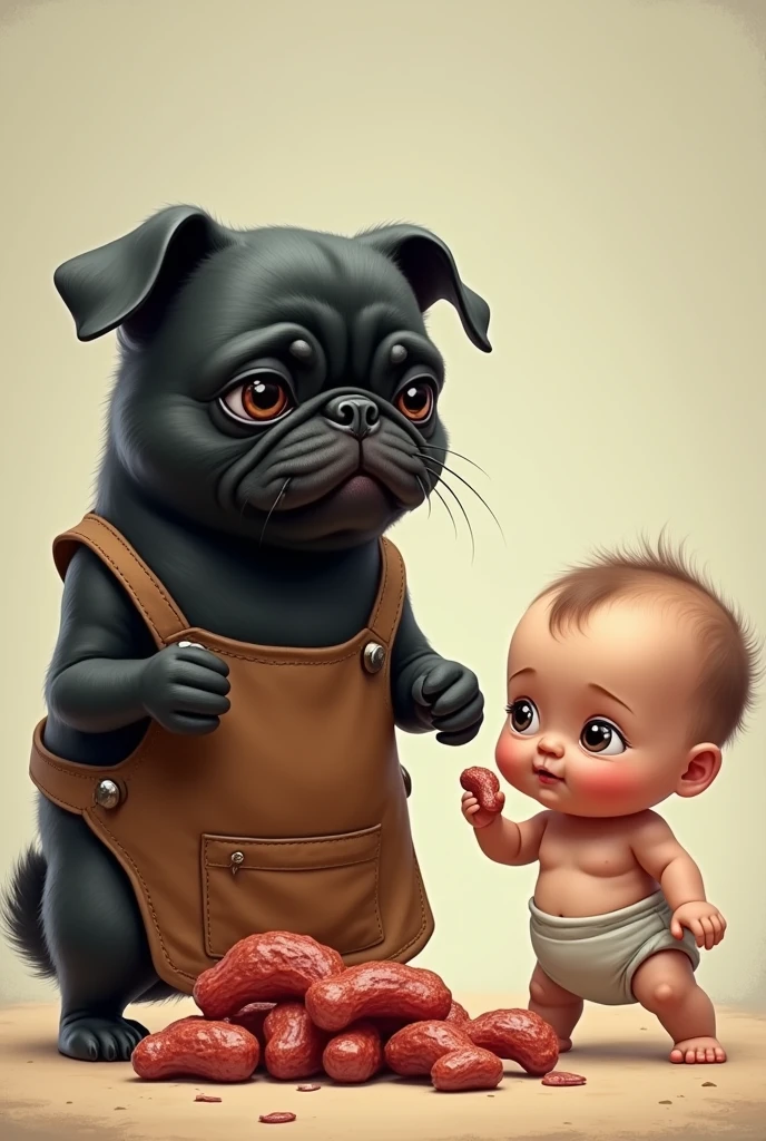 Black pug selling shanks next to a chubby baby