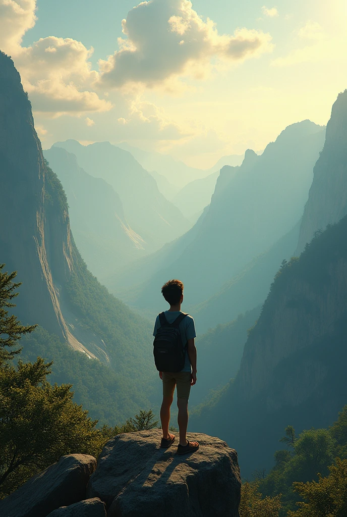 r man admiring the landscape in solitude from a mountain