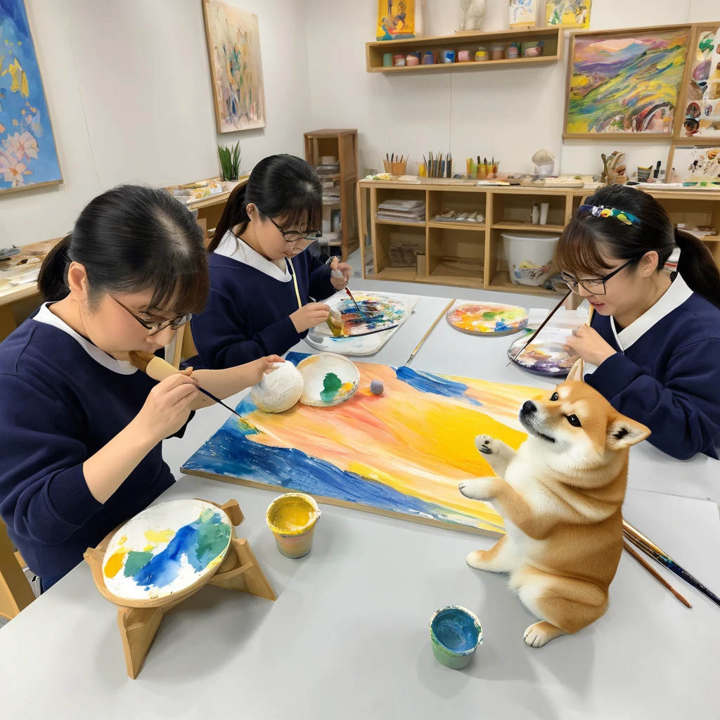 In the art room、A scene where a Shiba Inu teaches painting and sculpting techniques。Using canvas and art materials、Teaching students the fundamentals of art、Bringing out creativity。