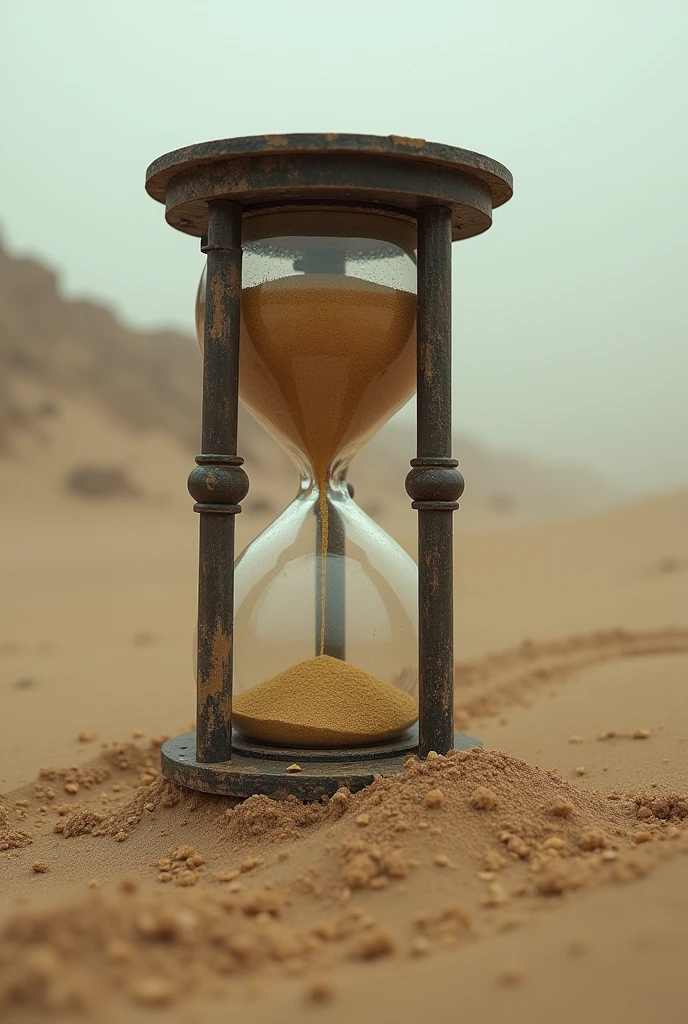worn down hourglass buried on sand in a dystopian setting