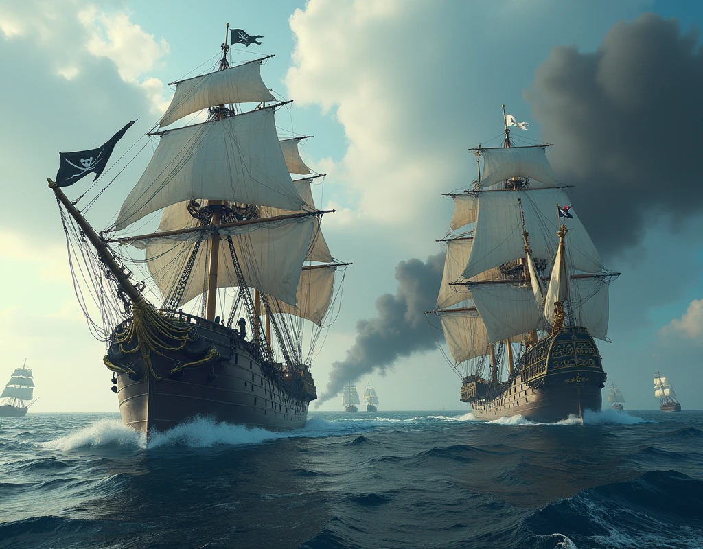 (raw photo, best quality) , (Realistic, photo-realistic: 1.4), extremely formidable general plan, masterpiece, ultra-detailed, high resolution, best illustration, best shadow, complex, depth of field, two beautiful 16th century vessels. The first is a pirate ship, the second is a royal navy ship, both ships compete in a naval battle, 8k style photorealist, DSLR, high quality, (film grain: 1.4), Fujifilm XT3,