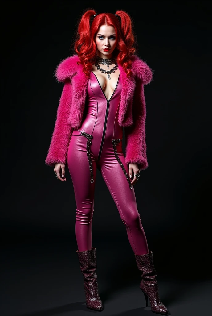 Morena Baccarin, Red-haired snake woman,com penteado pigtails,with pink clothes and pink fur jacket,with chains and a gothic boot ,fully body,black backdrop,shiny outfit 
