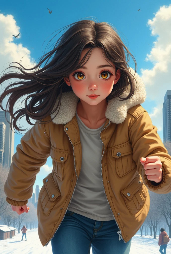 Dark brown hair，Long, delicate hair，Yellow eyes，cute，Seventeen-year-old girl，Winter Clothing，Background City，Blue sky and white clouds，run，The proportion of people in the painting is relatively small，Passionate