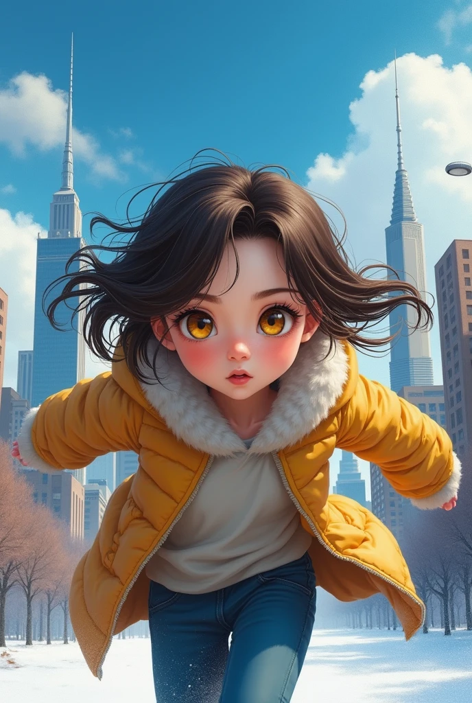 Dark brown hair,Long, delicate hair,Yellow eyes,cute,Seventeen-year-old girl,Winter Clothing,Background City,Blue sky and white clouds,run,The proportion of people in the painting is relatively small,Passionate