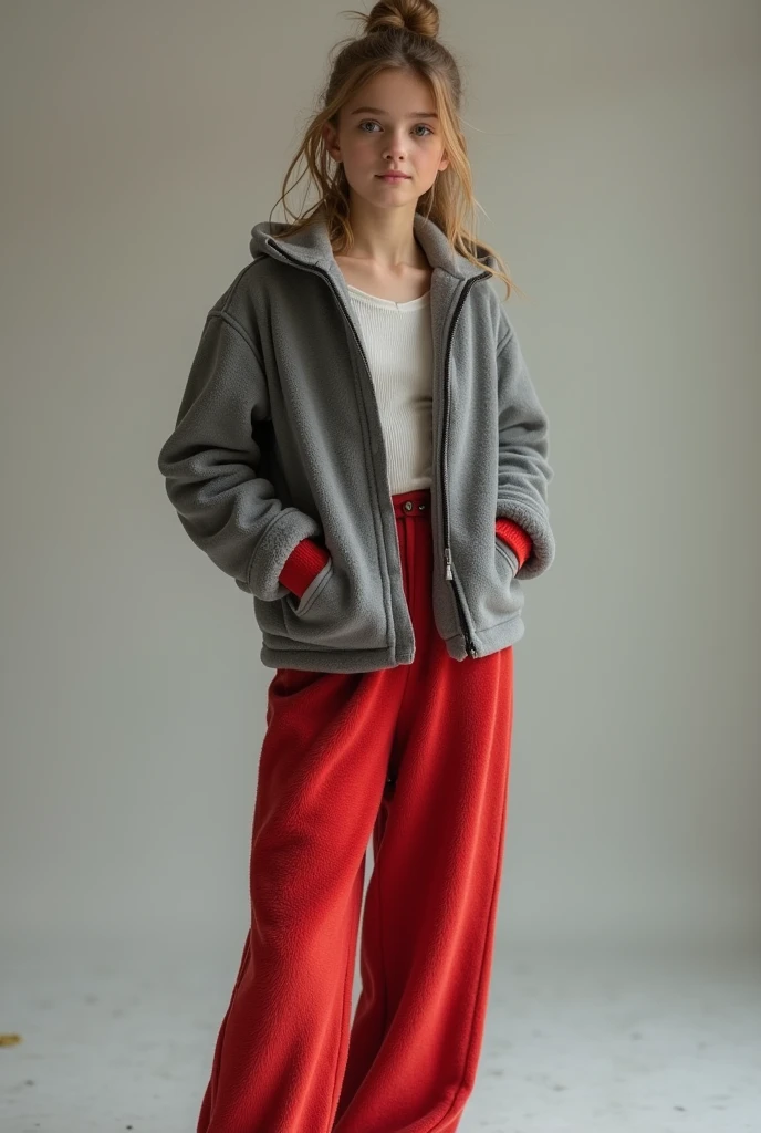 young girl with perfect pody in red fluffy fleece pants and grey jacket