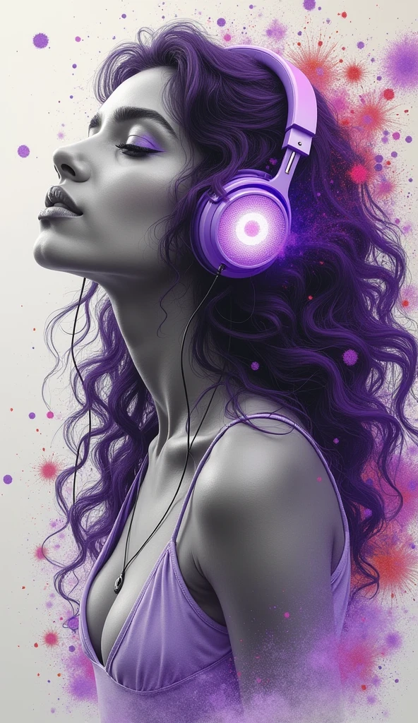 Stunning hyper-realistic pencil drawing captures the essence of artistic creativity and brilliance. En primer plano, A Indian woman with curly long purple hair wears vibrant, she has large breasts. colorful headphones that seem to pulse with energy. His serene expression conveys tranquility and peace, showing your enjoyment of music. Amid the chaotic symphony of acrylic paint splatters that surrounds her, parece perdida en su propio mundo. The backdrop is a beautiful chaos of colors, reflection of the creative spirit and limitless imagination of the artist. El contorno gris claro contrasta exquisitamente con los vibrantes colores, resaltando la excepcional habilidad del artista y su dominio del medio. The drawing captures the energy and movement of the scene, embodying the essence of artistic creativity and brilliance. Translation performed with the free version of the DeepL translator.com