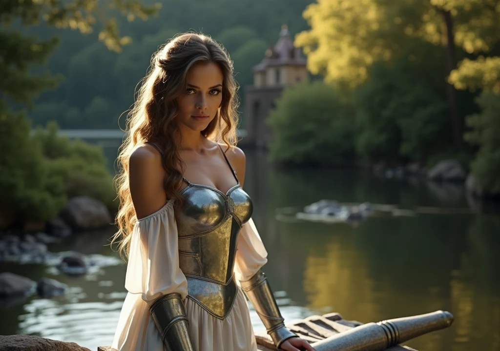(masterpiece), (extremely intricate:1.3), (realist), portrait of a girl, the most beautiful in the world, (medieval armor), metal reflections, Upper part of the body, outdoor, intense sunlight, distant castle, Detailed professional photography of a stunning woman., sharp focus, dramatic, awarded, cinematic lighting, octane render unreal engine, volumetric dtx, (film grain, blurred background, blurred closeup, bokeh, depth of field, Sunset, Motion blur:1.3), coat of mail