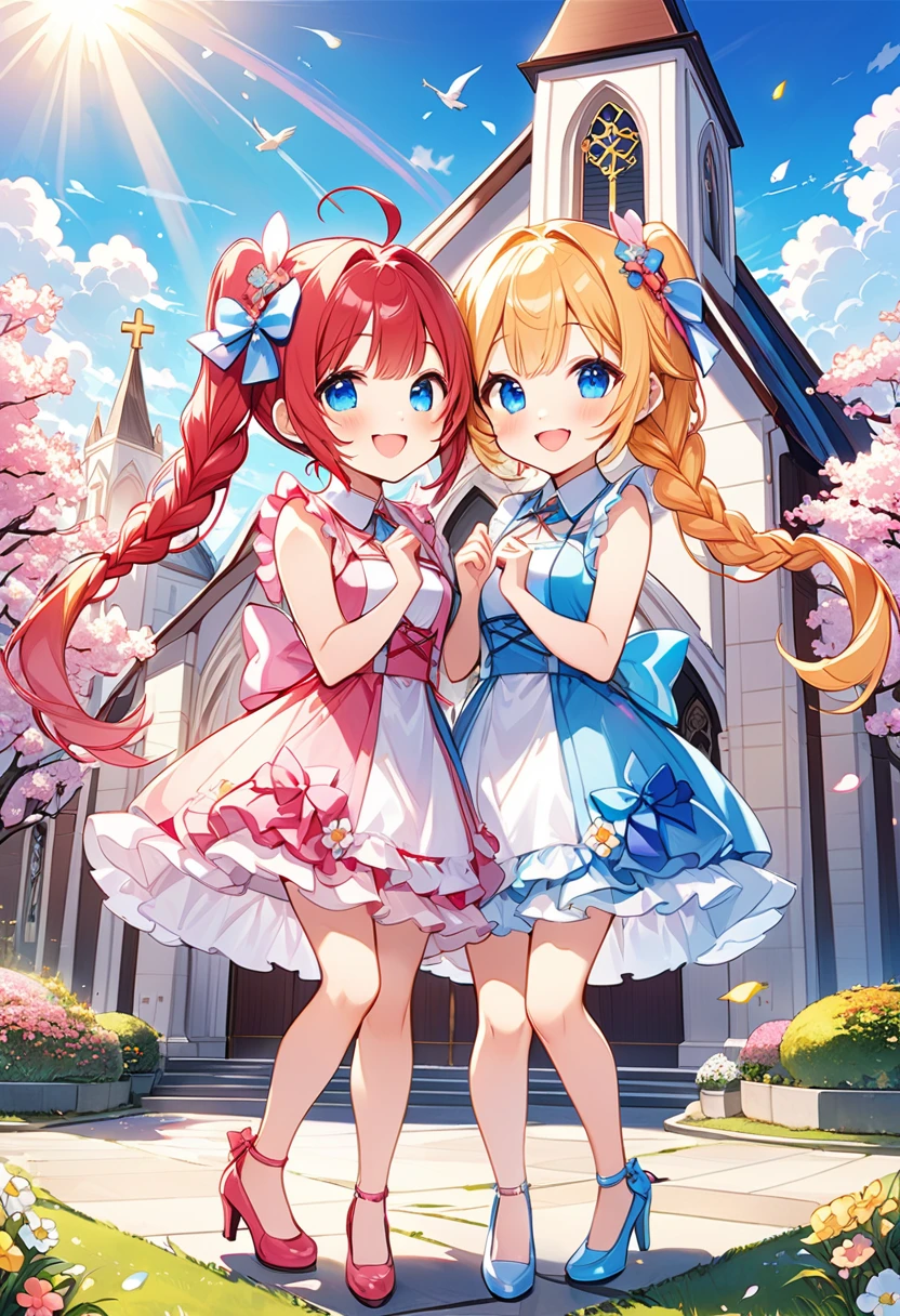 Highest quality、High resolution、Detailed Background、Beautiful face in every detail、Anatomically correct、Detailed facial expressions、fine grain、((full body, looking viewer:1.2)), break ((Chibi Girl:1.5)))、Bright pretty hair color、Big beautiful blue eyes、Fuller lips、Pink Lips、Braided twintails、Ahoge、((Commemorative photo:1.5)、The sisters huddle in the center:1.2)、(Cute sleeveless party dress、Cute heels、Cute hair accessories)、break ((Cheerful pose:1.2、Big smile、They are sisters and get along well.))、((The background is a suburban church、Early spring sun and clouds、S in full bloom))