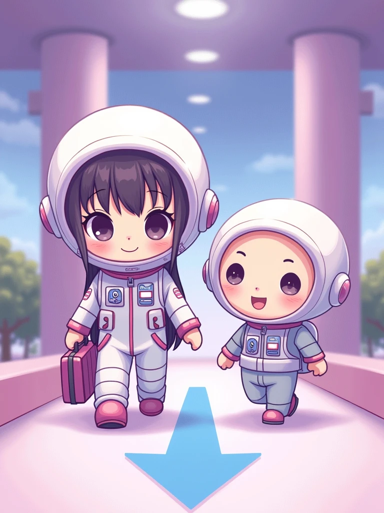 A cute girl in an astronaut costume,With luggage,Walking through the airport with her alien friend,Hand-drawn art style,The background is purple,Blue arrow sign on the floor,Soft colors,With kawaii art style、K-pop illustrations、Korean webtoons、Cartoon and K-pop designs