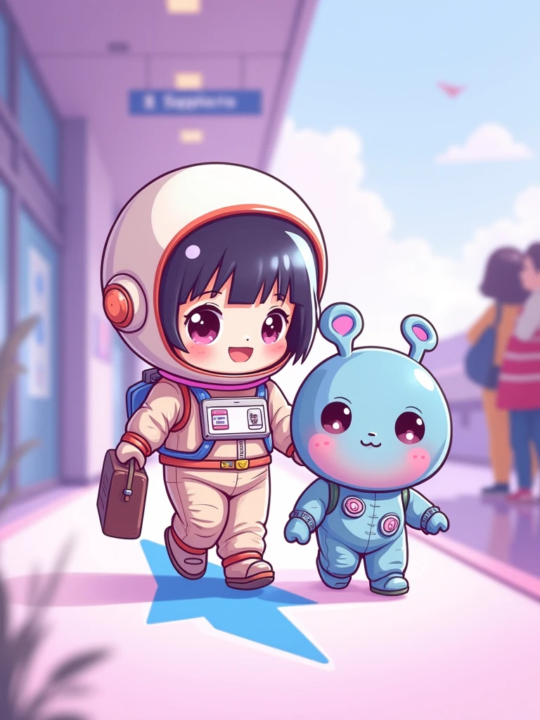 A cute girl in an astronaut costume，With luggage，Walking through the airport with her alien friend，Hand-drawn art style，The background is purple，Blue arrow sign on the floor，Soft colors，With kawaii art style、K-pop illustrations、Korean webtoons、Cartoon and K-pop designs