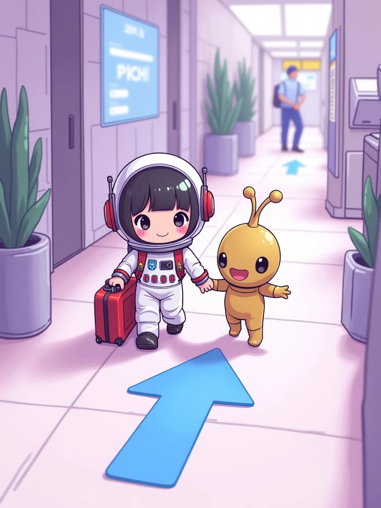 A cute girl in an astronaut costume,With luggage,Walking through the airport with her alien friend,Hand-drawn art style,The background is purple,Blue arrow sign on the floor,Soft colors,With kawaii art style、K-pop illustrations、Korean webtoons、Cartoon and K-pop designs