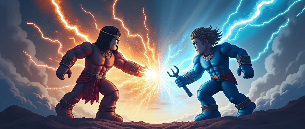 Zeus shooting lightning in the dark as a roblox character at Poseidon who is also a roblox character poseidon uses his trident on zesu (add text of the art saying Gods Of RNG and make it match the background)
