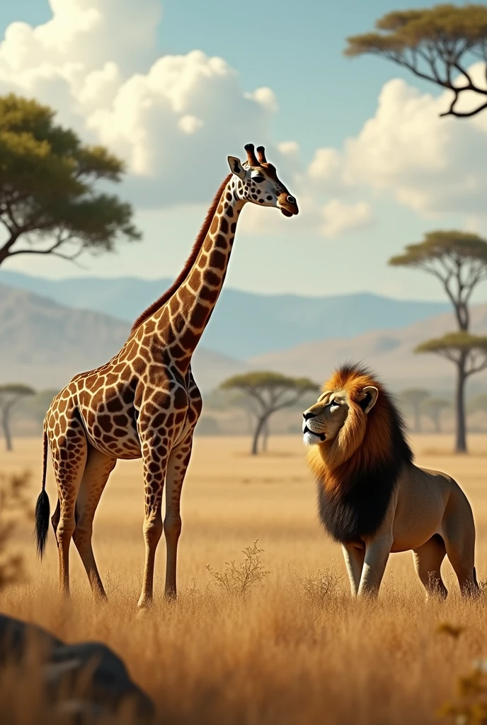 The giraffe is on the lion