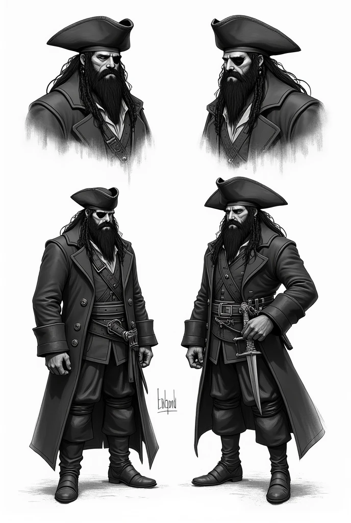 4 detailed sketches of Blackbeard, pirate captain, full-length, thick black beard, piercing eyes, menacing expression, wearing a cocked hat, long black coat, with an ornate sword on his belt, black patch over his right eye, black and white illustration, no background