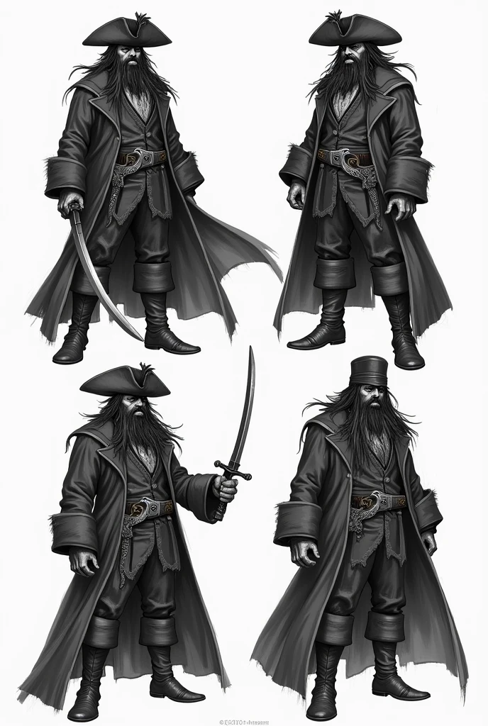 4 detailed sketches of Blackbeard, pirate captain, full-length, thick black beard, piercing eyes, menacing expression, wearing a cocked hat, long black coat, with an ornate sword on his belt, black patch over his right eye, black and white illustration, no background