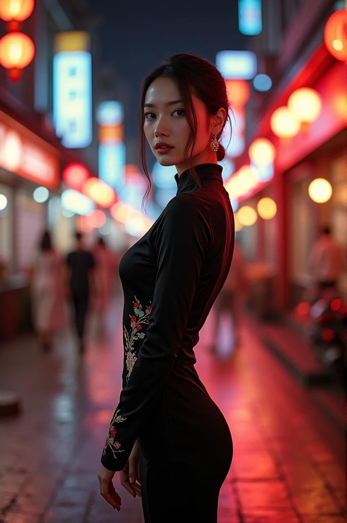 (Valencia:1 Girl), A Masterpiece, Best quality, Raw Photo, lifelike, FACE, Incredibly ridiculous, beautiful girl, MAGIC, long hair, depth of view, Highres, Hyperdetailed, finely detail, RAW Extremely detailed, extremely detailed eyes and face, Sharp pupils, Realistic Pupils, Sharp focus, cinematic Lighting, full body, cheongsam, large boob, Long leg, From Behind, Night street, dynamic poses