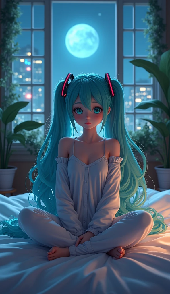 (photorealism:1.2), beautiful anime Hatsune miku, sitting on bed, wearing loose off-shoulder top, pajama pants, long curly hair, indoors, soft lighting, plants in background, window with Cyberpunk night, cozy room, relaxed pose, realistic, intricate details, cold colors