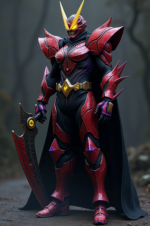 **Kamen Rider Secros Design Revision**
---
**Overall Concept:**
- **Motif:** Demon, Demon King, Black Sheep
- **Color:** Predominantly black with red and purple armor. The design emphasizes a sense of intimidation and power.
**Head:**
- **Horns:** Short, gold horns that extend vertically from the top of the head, giving a menacing impression. The horns are engraved with vertical lines, adding detailed and intricate design elements.
- **Compound Eyes:** Sharp, yellow compound eyes protruding diagonally outward. The angular shape exudes an intimidating gaze.
- **Mouth:** A slightly subdued mouth with a hint of a twisted smile and subtle sharp teeth, conveying a sense of fear.
**Body and Armor:**
- **Body:** A black, muscular yet slim base. The armor is in red and purple, providing a heavy but mobile design.
- **Armor Placement:** Red and purple armor covers the chest, shoulders, arms, and legs. The armor on the shoulders and chest is particularly thick, maintaining a balanced overall appearance.
- **Lines:** Irregular white lines run across the body and armor, faintly reflecting light in darkness.
**Waist:**
- **Transformation Belt:** The "Sefureipu Driver" transformation belt is worn around the waist. It features a simple yet functional design with symbolic and patterned engravings.
**Weapon:**
- **Large Scythe:** A scythe larger than the user's height, with a black blade. The sharp blade has a red glow, and the handle is intricately engraved, giving an impression of dark power.
**Armor Details:**
- **Overall Balance:** The armor is designed to match the muscular but slim physique, ensuring a balance between mobility and defense without excessive weight.
- **Decoration:** The armor features spikes and studs, emphasizing the demonic and authoritative design elements.