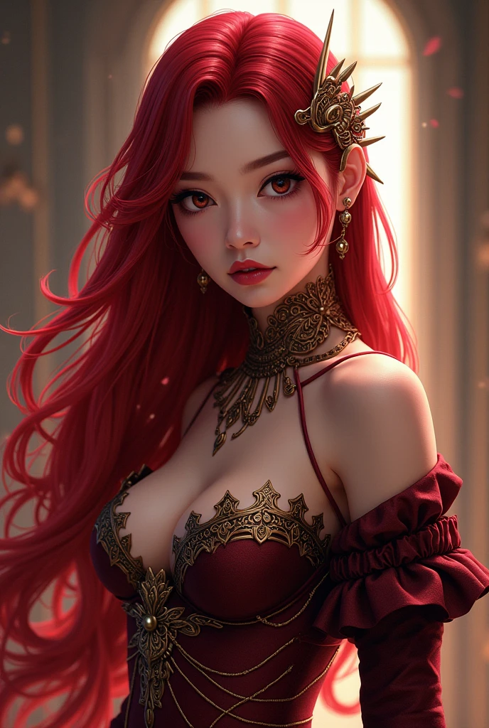 **Circe Scarlet**  a beautiful and charming young girl. Be brave, intimidation, Intelligent. Looks like an 18 year old girl.

1. **Hair:**
   - Hair Circe Scarlet panjang dan mengalir hingga ke pinggang, dark red with a hint of maroon that sparkles when exposed to light. Hairnya bergelombang dan bebas, sometimes it looks like the wings of a butterfly in flight, creating the illusion of movement even when he is standing still. In some parts, there are strands of hair that are dyed white, provides a striking contrast and adds a sense of mystery.

2. **face:**
   - facenya memiliki fitur asia campuran fitur barat iaitu kacukan asia barat dan menawan dengan mata yang bersinar dengan warna merah menyala, like a ember reflected in the darkness. Her eyes had a mysterious and intense glint., often gives the impression that he can see into anyone&#39;s deepest heart. There are slight black shadows around his eyes which make his gaze even more dramatic..
   - Her lips are dark red, always looks like he just drank the blood of his enemy. On the left side of his face, there is a delicate white butterfly-shaped birthmark, symbol of the deepest strength of his heart.

3. **clothes:**
   - Circe wears a battle dress that combines elements of elegance and toughness.. The dress was jet black with maroon and white accents., made of flexible yet durable material, shiny as silk but strong as steel.
   - The top of the dress has a cut that shows off her shoulders., with thin shoulder straps that twist like the veins of a vine. On the chest there is a butterfly pattern made of gold and silver thread which adds a luxurious impression..
   - The skirt extends almost to the ground., with torn edges that look as if they were cut by a sharp blade. However, behind the tear is a second layer in the form of butterfly wings that spread out when he moves, displaying red color d