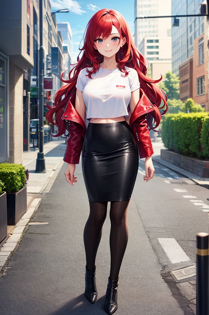 masterpiece, best quality, highres, high detail, beautiful woman, wavy hair, red hair, (white cropped t-shirt and leather jacket), black midi pencil skirt, boots, looking at viewer, light smile, spring garden, cloudy sky, city, city street, sidewalk, street lamp, park, trees, 