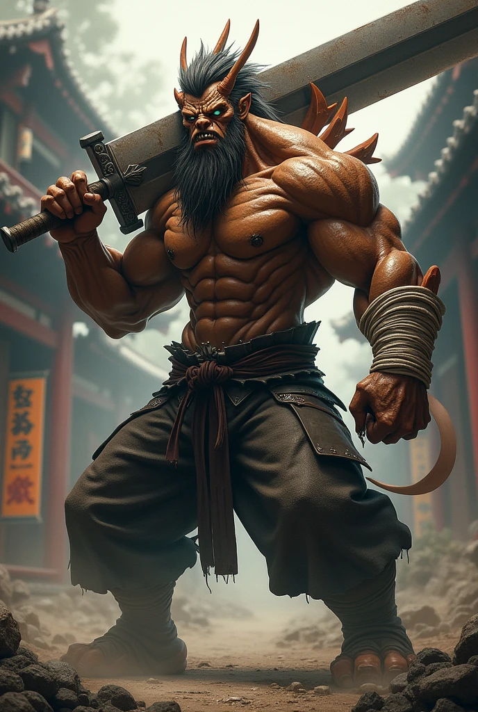 One-eyed monster,,Brown skin, topless,With a giant sword,Male monster,Bandaged hand,Japanese,Japanese style、muscle