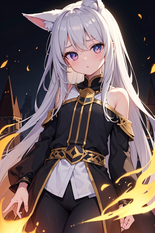 ((Highest quality)), ((masterpiece)), (detailed), 1girl, cute Five fingers Small wolf ears Black braid forehead Petite Normal chest No human ears Big eyes Her eyes are black first round whole body Black tabard The background is an ancient castle town