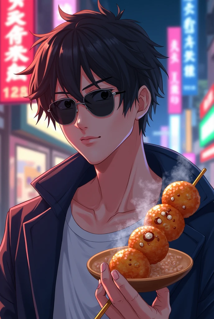 Anime guy with sunglasses eating takoyaki