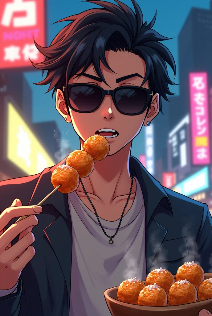 Anime guy with sunglasses eating takoyaki