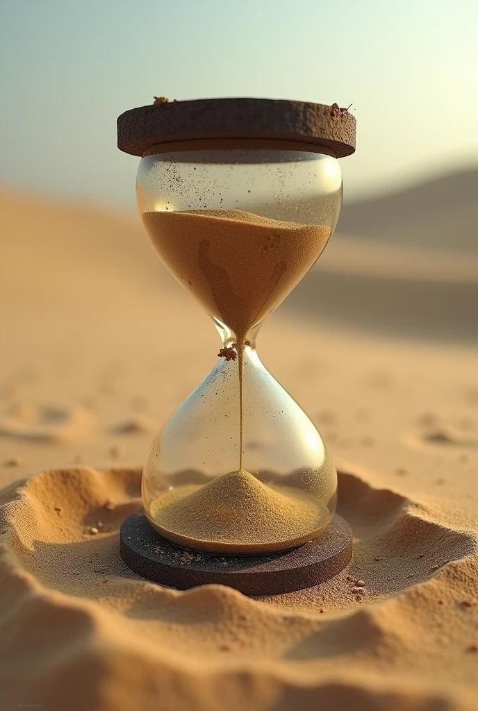 worn down hourglass almost done that is buried on sand in a dystopian setting
