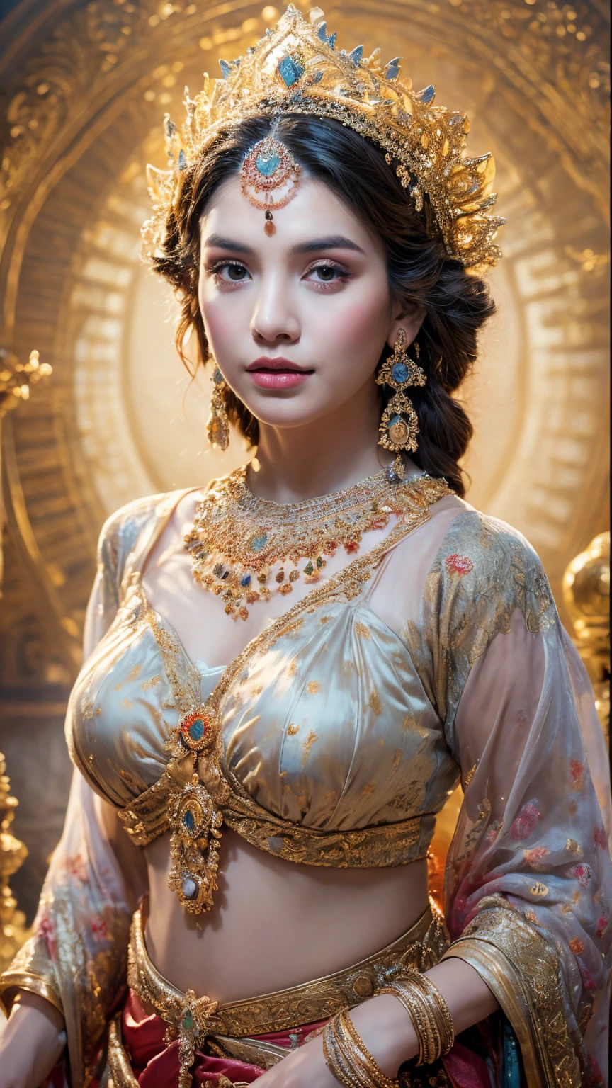 ((Best quality, 8k, Masterpiece :1.3)), Sharp focus :1.2, Generate a realistic image of a beautiful sexy Indian woman plus size body: 8.5 (masterpiece like a princess) (body like divine girl) dressed divine clothes pink skirt, and print v neck plus size giant blouse, + golden belt, adorned with traditional ornaments, standing in a well-lit room with cinematic lighting. ((Front view, random elegant pose)), and there is a sense of grace and elegance in her posture. The background should complement the scene, enhancing the overall aesthetic appeal of the image. Photography by Brandon Woelfel, Full shot: Canon EF 16-35mm f/2.8L III USM lens on a Canon EOS 9D Mark IV 128bit camera, ultra realistic, 32k, HD