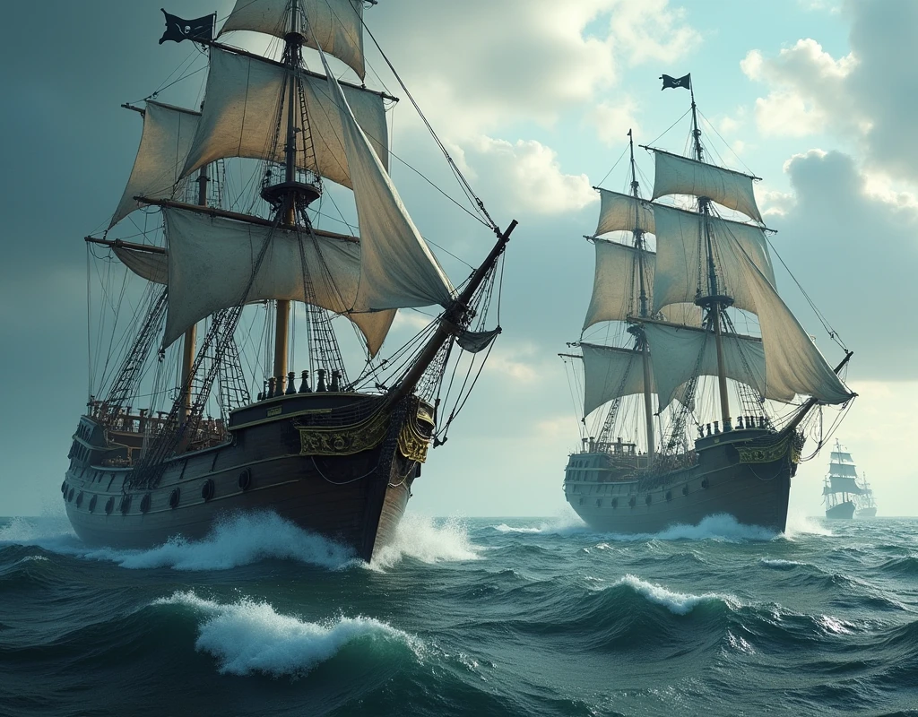 (raw photo, best quality) , (Realistic, photo-realistic: 1.4), extremely formidable general plan, masterpiece, ultra-detailed, high resolution, best illustration, best shadow, complex, depth of field, two beautiful 16th century vessels. The first is a pirate ship, the second is a royal navy ship, both ships compete in a naval battle, 8k style photorealist, DSLR, high quality, (film grain: 1.4), Fujifilm XT3,