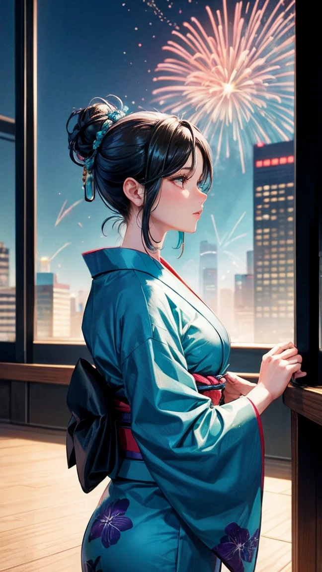 Skyscraper rooftop Mature woman looking up at fireworks Black hair chignon A vibrant turquoise yukata