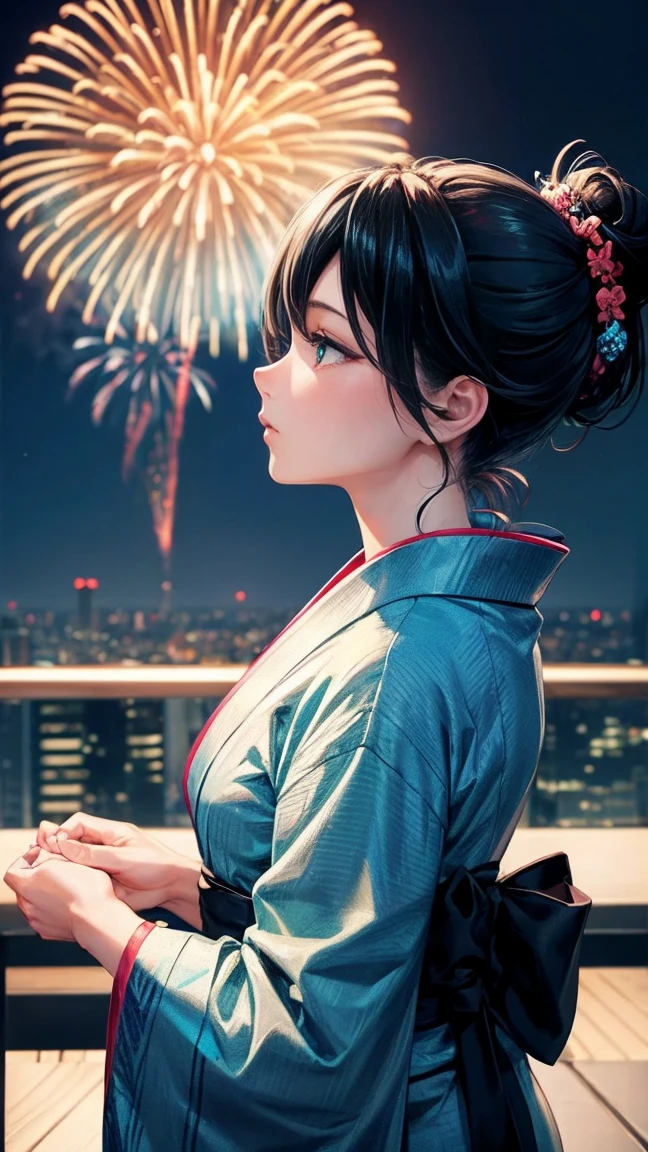 Skyscraper rooftop Mature woman looking up at fireworks Black hair chignon A vibrant turquoise yukata
