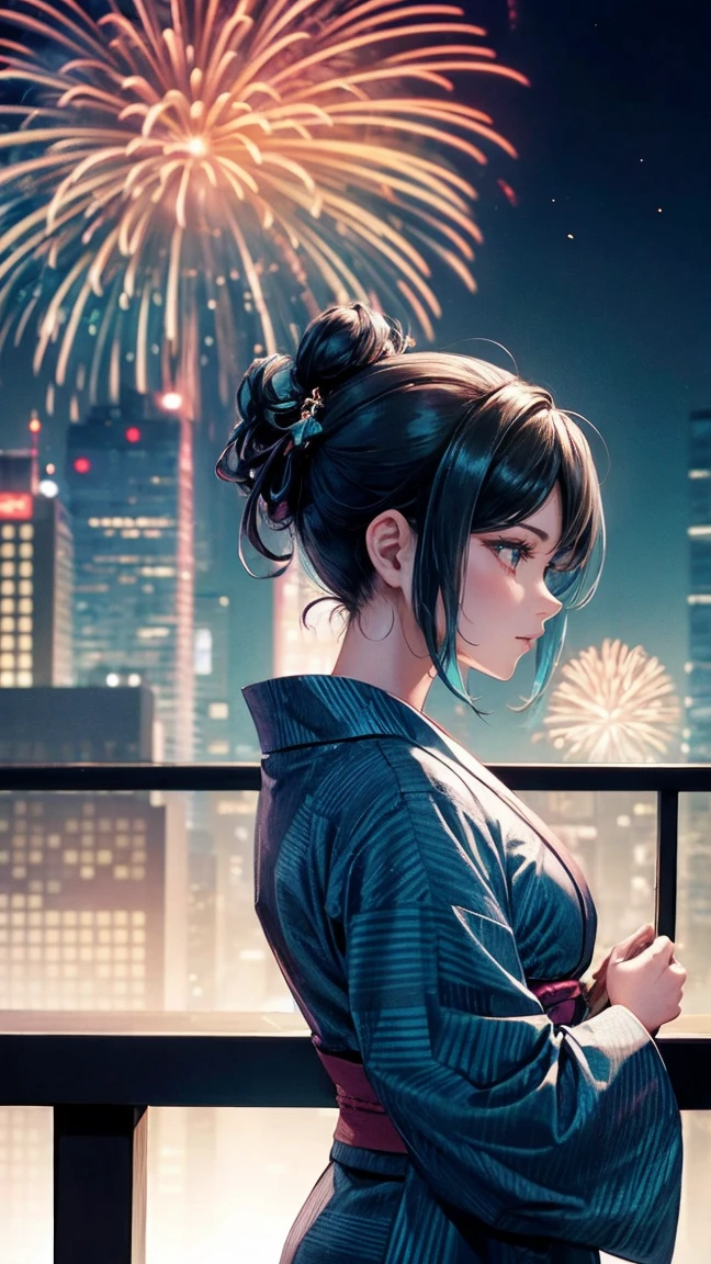 Skyscraper rooftop Mature woman looking up at fireworks Black hair chignon A vibrant turquoise yukata