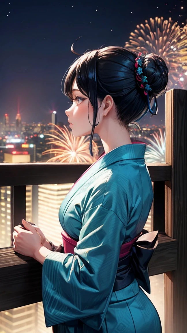 Skyscraper rooftop Mature woman looking up at fireworks Black hair chignon A vibrant turquoise yukata