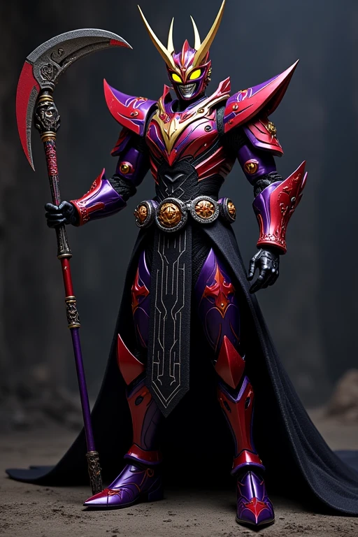 **Kamen Rider Secros Design Revision**
---
**Overall Concept:**
- **Motif:** Demon, Demon King, Black Sheep
- **Color:** Predominantly black with red and purple armor. The design emphasizes a sense of intimidation and power.
**Head:**
- **Horns:** Short, gold horns that extend vertically from the top of the head, giving a menacing impression. The horns are engraved with vertical lines, adding detailed and intricate design elements.
- **Compound Eyes:** Sharp, yellow compound eyes protruding diagonally outward. The angular shape exudes an intimidating gaze.
- **Mouth:** A slightly subdued mouth with a hint of a twisted smile and subtle sharp teeth, conveying a sense of fear.
**Body and Armor:**
- **Body:** A black, muscular yet slim base. The armor is in red and purple, providing a heavy but mobile design.
- **Armor Placement:** Red and purple armor covers the chest, shoulders, arms, and legs. The armor on the shoulders and chest is particularly thick, maintaining a balanced overall appearance.
- **Lines:** Irregular white lines run across the body and armor, faintly reflecting light in darkness.
**Waist:**
- **Transformation Belt:** The "Sefureipu Driver" transformation belt is worn around the waist. It features a simple yet functional design with symbolic and patterned engravings.
**Weapon:**
- **Large Scythe:** A scythe larger than the user's height, with a black blade. The sharp blade has a red glow, and the handle is intricately engraved, giving an impression of dark power.
**Armor Details:**
- **Overall Balance:** The armor is designed to match the muscular but slim physique, ensuring a balance between mobility and defense without excessive weight.
- **Decoration:** The armor features spikes and studs, emphasizing the demonic and authoritative design elements.