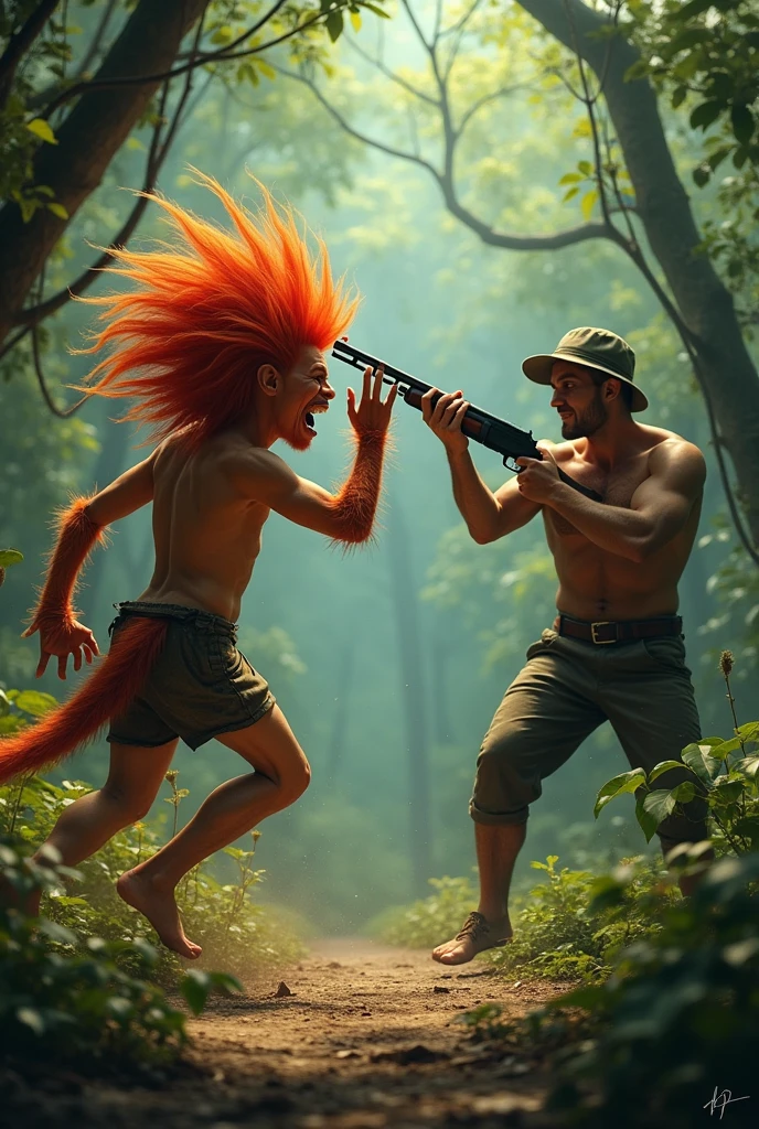 Curupira , attacking a man who is holding a shotgun .
Curupira is a boy with fiery hair, and has feet backwards !